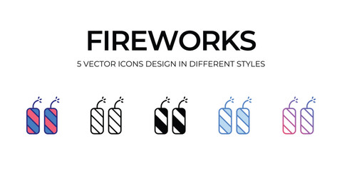 firework Icon Design in Five style with Editable Stroke. Line, Solid, Flat Line, Duo Tone Color, and Color Gradient Line. Suitable for Web Page, Mobile App, UI, UX and GUI design.