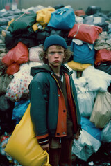 Fototapeta premium Boy in Garbage Dump: Environmental Issues and Waste