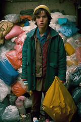 Fototapeta premium Boy in Garbage Dump: Environmental Issues and Waste