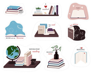 Reading emblems. Bookstore, library icon. Science literature, dictionary. Study books pile. Studies symbol.