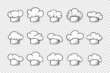 Vector Black and White Chef Hat with Outline, Toque Icon Set Isolated. Cook, Baker Chef Cap Logo Design Template. Bakery, Restaurant, Kitchen Uniform. Cotton Hat, Professional Clothes