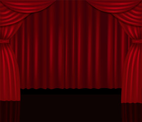 Realistic red curtains and stage with fairy glow, vector background. Award show. Stage red drapery and spotlights. Movie night or showtime.