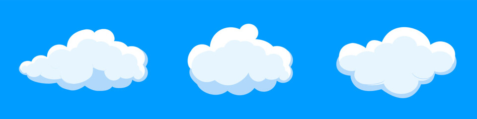 White cartoon clouds set isolated on blue background. Collection of different clouds for background template, wallpaper and fluffy sky design. Flat clouds concept. 3D clouds vector illustration