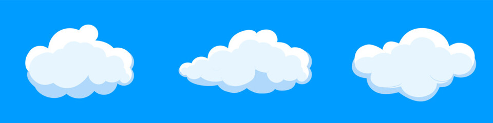 White cartoon clouds set isolated on blue background. Collection of different clouds for background template, wallpaper and fluffy sky design. Flat clouds concept. 3D clouds vector illustration