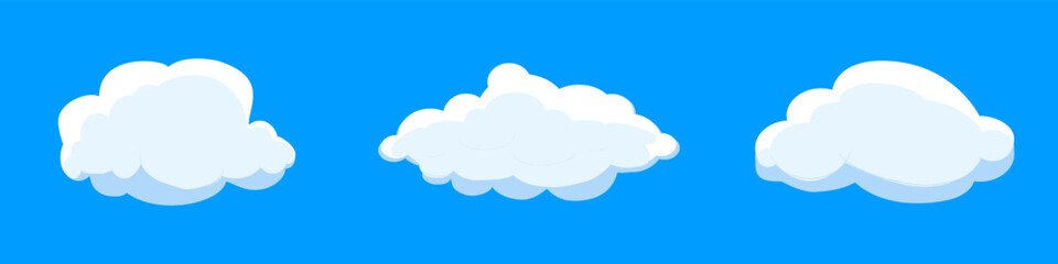 White cartoon clouds set isolated on blue background. Collection of different clouds for background template, wallpaper and fluffy sky design. Flat clouds concept. 3D clouds vector illustration