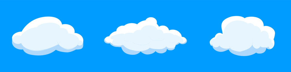 White cartoon clouds set isolated on blue background. Collection of different clouds for background template, wallpaper and fluffy sky design. Flat clouds concept. 3D clouds vector illustration
