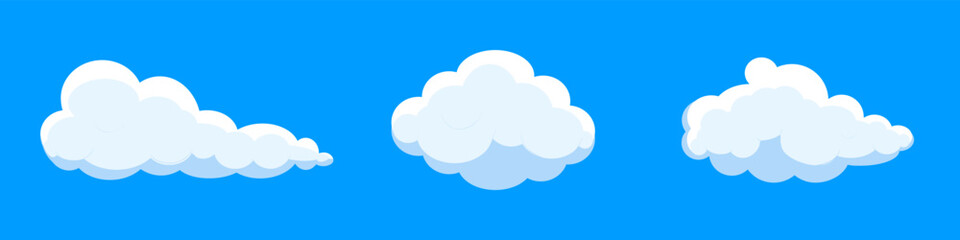 White cartoon clouds set isolated on blue background. Collection of different clouds for background template, wallpaper and fluffy sky design. Flat clouds concept. 3D clouds vector illustration