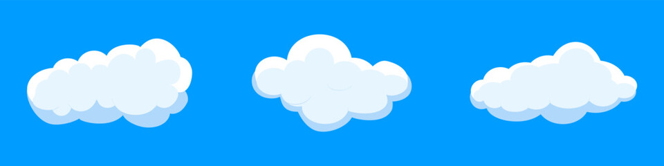 White cartoon clouds set isolated on blue background. Collection of different clouds for background template, wallpaper and fluffy sky design. Flat clouds concept. 3D clouds vector illustration