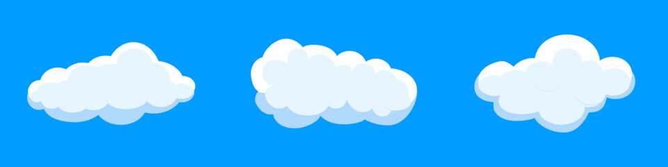 White cartoon clouds set isolated on blue background. Collection of different clouds for background template, wallpaper and fluffy sky design. Flat clouds concept. 3D clouds vector illustration