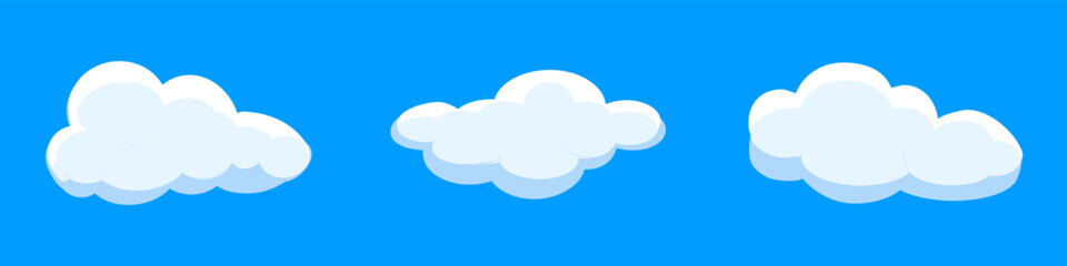 White cartoon clouds set isolated on blue background. Collection of different clouds for background template, wallpaper and fluffy sky design. Flat clouds concept. 3D clouds vector illustration