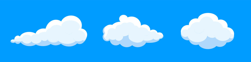 White cartoon clouds set isolated on blue background. Collection of different clouds for background template, wallpaper and fluffy sky design. Flat clouds concept. 3D clouds vector illustration