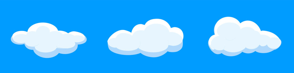 White cartoon clouds set isolated on blue background. Collection of different clouds for background template, wallpaper and fluffy sky design. Flat clouds concept. 3D clouds vector illustration