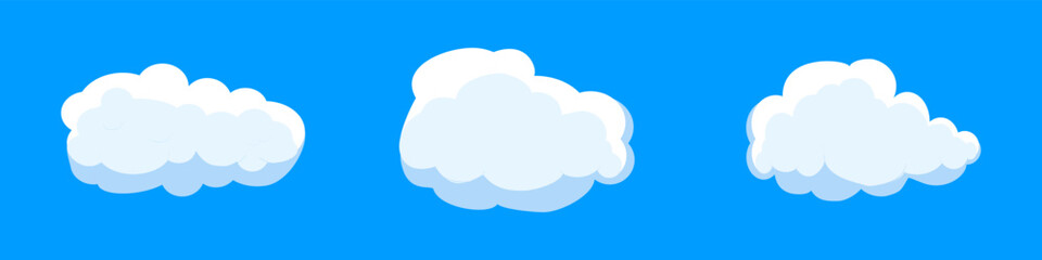White cartoon clouds set isolated on blue background. Collection of different clouds for background template, wallpaper and fluffy sky design. Flat clouds concept. 3D clouds vector illustration