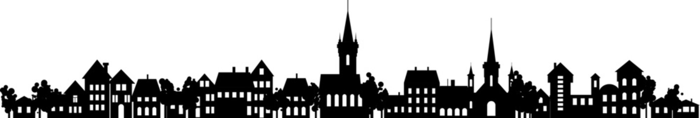 Old historic town silhouette skyline. Vector abstact flat row of houses, churches, buildings with trees, parks and gardens heigbourhood. Rural countryside architecture.