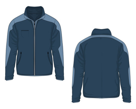 Blue men's warm jacket mockup front and back view