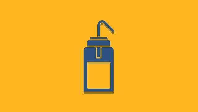 Blue Laboratory wash bottle for chemistry and science lab icon isolated on orange background. Equipment for spraying water and solvents. 4K Video motion graphic animation