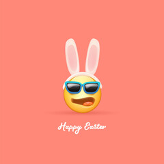 Happy easter funny banner with cartoon 3d smile face with rabbit ears and sunglasses isolated on pink background. Vector 3d square happy eater poster, flyer, banner, label and background