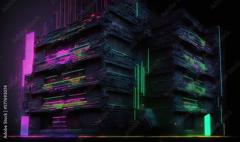 Poster a large stack of boxes in a dark room with neon lights. generative ai