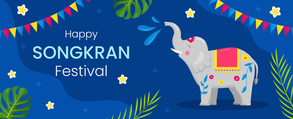 Vector Songkran water festival of Thailand greeting card banner. Elephant, tropical flowers, leaves on blue background. Horizontal invitation, flyer, brochure, poster for event.