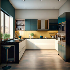 Fototapeta premium Modern kitchen interior design idea. Concept for designers and architects. Generative AI