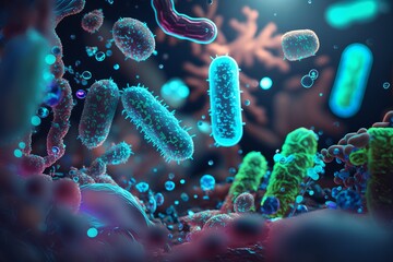 Bacteria cells under microscope background, Bacteria disease epidemic. Generative Ai