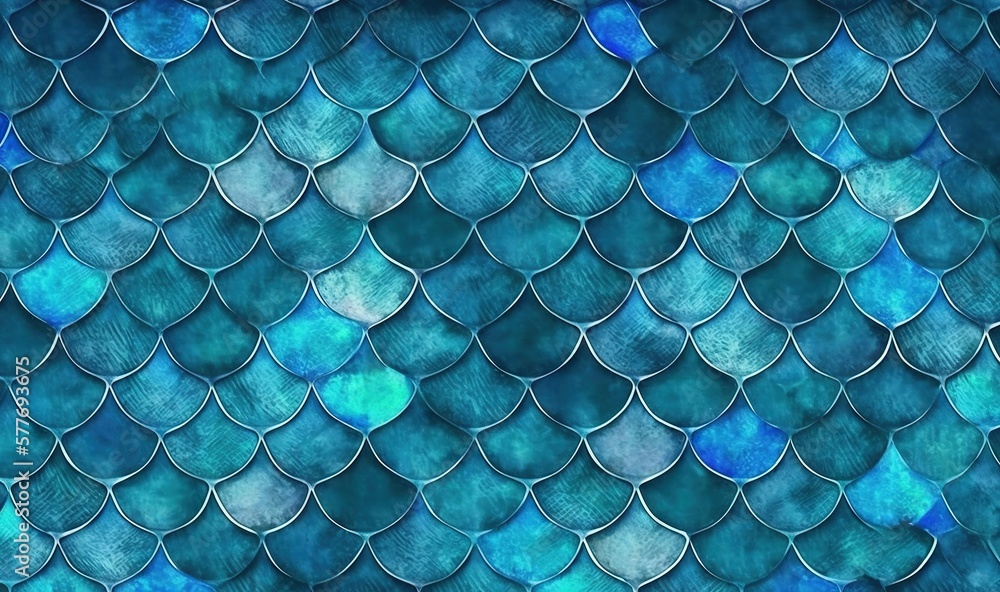 Poster a blue background with a pattern of scales of a fish. generative ai
