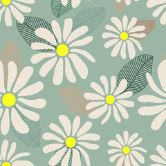 Wild chamomile flowers. Seamless floral summer pattern on a light blue background for printing on textiles. 