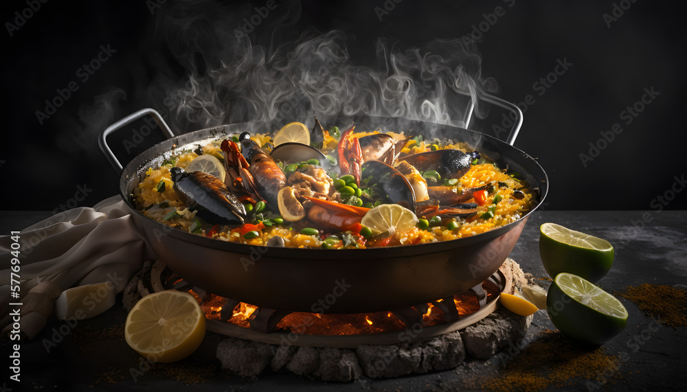 Wall mural spanish paella cooking in a pot. rise and vegetable meal.