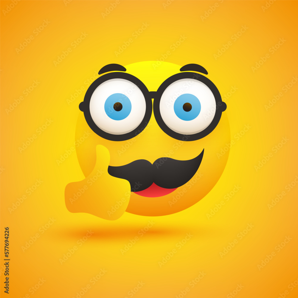 Poster smiling nerd emoji - simple happy male emoticon with glasses and mustache showing thumbs up on yello