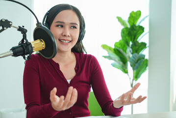 content creator occupation concept. Woman record audio in-home office by condenser microphone