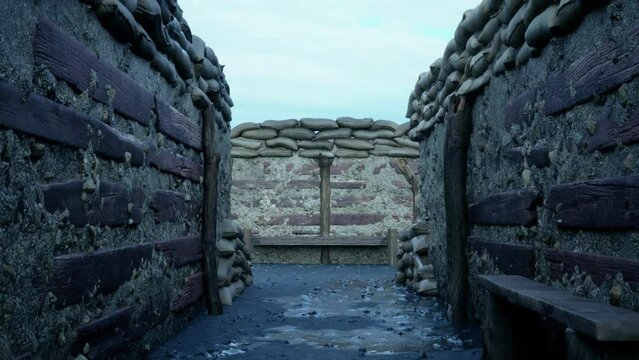 A close-up view of a wet and soggy military trench deserted after the war.