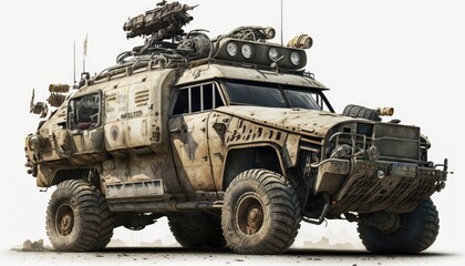 Fototapeta premium Post apocalypse military cat, tank, transport with weapon, wasteland armored off road machine
