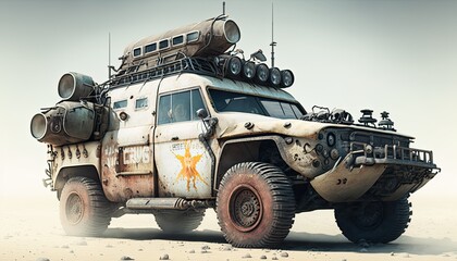 Post apocalypse military cat, tank, transport with weapon, wasteland armored off road machine - obrazy, fototapety, plakaty