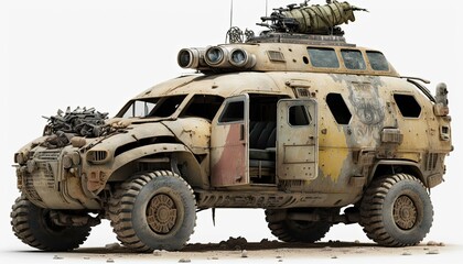 Fototapeta premium Post apocalypse military cat, tank, transport with weapon, wasteland armored off road machine
