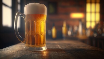  a glass of beer sitting on top of a wooden table.  generative ai
