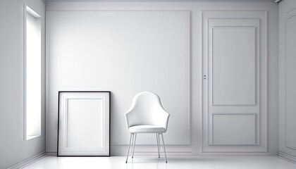  a white chair and a picture frame in a white room.  generative ai