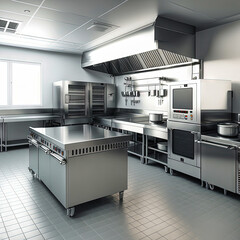 
Professional cuisine in the restaurant. Interior design idea. Kitchen concept for designers and architects. Generative AI
