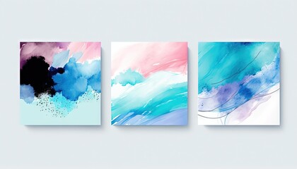  three abstract paintings on a white wall with blue and pink colors.  generative ai