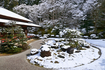 2月積雪の京都市洛北 曼殊院の枯山水庭園