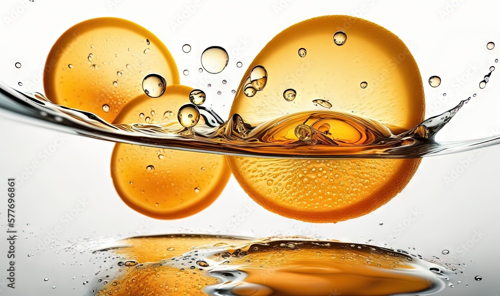 Aufkleber a group of oranges floating in the water with bubbles. generative ai