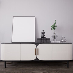 Blank picture frame on a tv shelf in bed room interior, 3d render