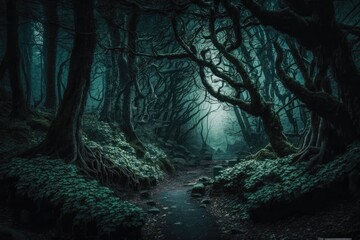 Drak spooky forest at night landscape