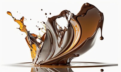  a splash of chocolate and caramel colored liquid into a white background.  generative ai