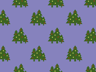 pattern. Image of green Christmas trees with balls on pastel blue purple backgrounds. Symbol of New Year and Christmas. template for overlaying on surface. Horizontal image. 3d image. 3d rendering