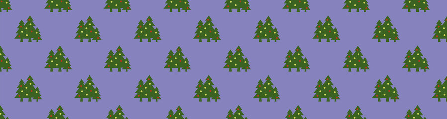pattern. Image of green Christmas trees with balls on pastel blue purple backgrounds. Symbol of New Year and Christmas. template for overlaying on surface. Horizontal image. 3d image. 3d rendering