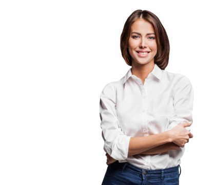 Beautiful young business woman portrait isolated transparent PNG, Smiling woman in white shirt standing confident with crossed arms isolated on white background, Happy student girl studio shot