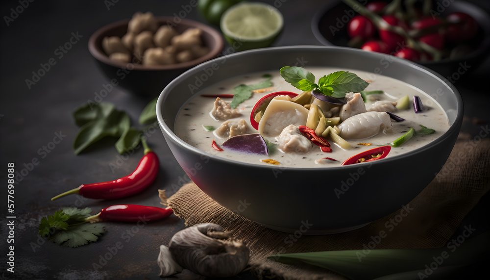 Wall mural Thai Tom Kha Gai spicy coconut soup with coconut milk