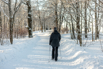 Fototapeta na wymiar A woman in a dark jacket walks in a winter park with Scandinavian sticks