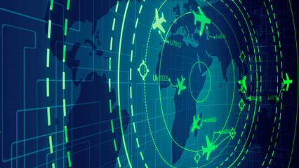 Obraz premium Simulation screen showing various flights for transportation and passengers.