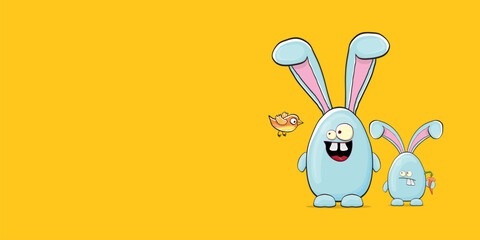 Cartoon funny cartoon blue easter bunny holding orange carrots isolated on orange horizontal banner background. Easter hand drawn blue cute rabbit sticker or label